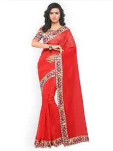 Blissta Women Red Cotton Blend Solid Chanderi Saree