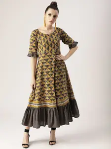 Libas Women Charcoal Grey & Mustard Yellow Printed Maxi A-Line Dress