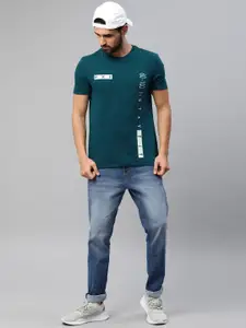 HRX by Hrithik Roshan Men Teal Blue Printed Athleisure Cotton Pure Cotton T-shirt