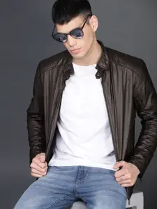 WROGN Men Brown Solid Biker Jacket
