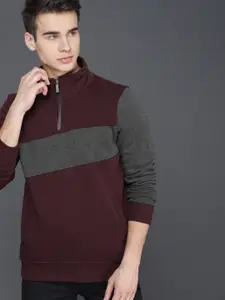 WROGN Men Maroon & Grey Colourblocked Sweatshirt