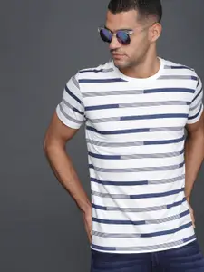 WROGN Men Off-White  Navy Blue Striped Polo Collar Pure Cotton T-shirt