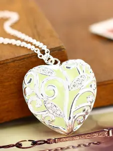 Peora Sliver-Tone Heart Shaped Glow in the Dark Pendant with Chain