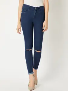 Miss Chase Women Navy Blue Skinny Fit High-Rise Slash Knee Jeans