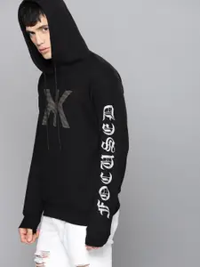 Kook N Keech Men Black Rubber Print Hooded Sweatshirt