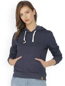 Campus Sutra Women Blue Solid Hooded Sweatshirt