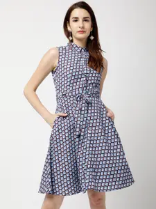 Tokyo Talkies Women Blue Printed Fit and Flare Dress