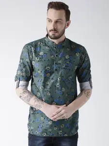 Hangup Men Green & Grey Floral Print Straight Kurta