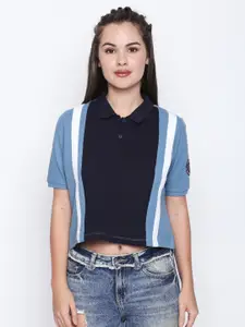 Disrupt Women Navy Blue & Blue Colourblocked Polo Collar T-shirt