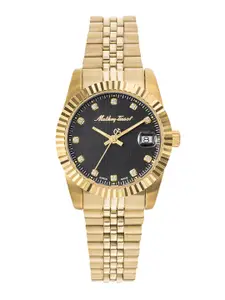 Mathey-Tissot Women Black Brass Embellished Dial & Gold-Plated Stainless Steel Bracelet Style Straps Watch