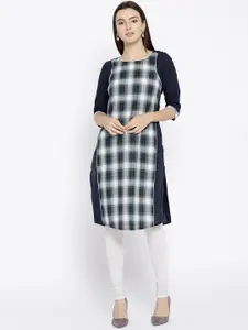 AURELIA Women Navy Blue & White Checked Straight Kurta