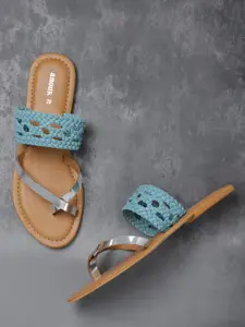 Anouk Women Blue & Silver-Toned Braided Criss-Cross One Toe Flats