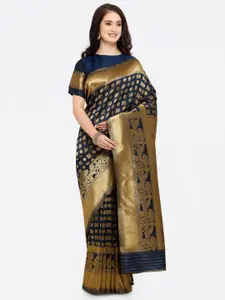 Shaily Navy Blue & Gold-Toned Pure Silk Woven Design Banarasi Saree