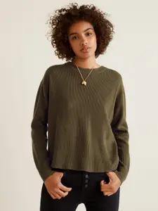 MANGO Women Olive Green Ribbed Pullover
