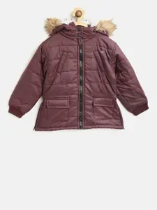 Palm Tree Girls Burgundy Solid Parka Jacket with Detachable Hood