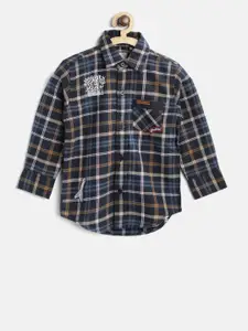 Palm Tree Boys Navy Blue & Brown Regular Fit Checked Casual Shirt