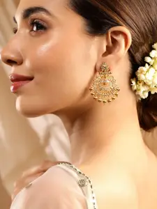 Rubans 22K Gold-Plated Emerald & Cubic Zirconia Studded Chandbali Earrings with Gold Beads