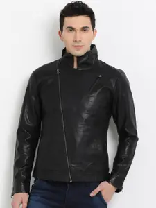 t-base Men Black Solid Faux Leather Jacket