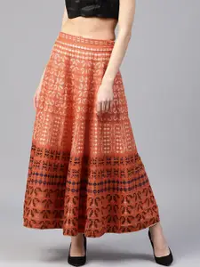 W Women Orange & Beige Self Design Maxi Flared Skirt