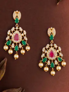 Rubans Women Gold-Toned & Green Gold-Plated Floral Drop Earrings