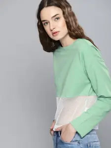 NUSH Women Green & White Colourblocked Sweatshirt