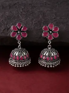 Rubans Silver-Toned & Red Dome Shaped Jhumkas