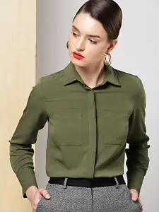 her by invictus Women Olive Green Regular Fit Solid Formal Shirt