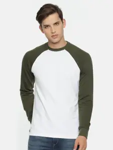 ARISE Men White & Olive Green Solid Round Neck Sweatshirt