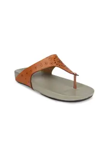 Gliders Women Tan Solid Synthetic Leather T-Strap Flats