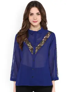 Zima Leto Women Blue Solid Sheer Shirt Style Top