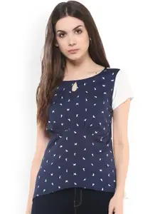 Zima Leto Women Navy Blue & White Printed Cinched Waist Top