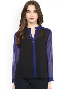 Zima Leto Women Black & Blue Colourblocked Shirt Style Top