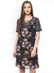 Zima Leto Women Navy Blue Floral Print  Fit and Flare Dress