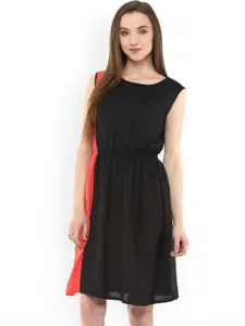 Zima Leto Women Black & Coral Red Colourblocked Fit and Flare Dress