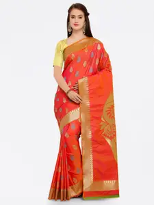Saree mall Orange & Red Silk Blend Woven Design Kanjeevaram Saree