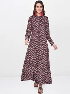 Global Desi Women Maroon & Grey Printed A-Line Kurta