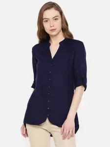 IDK Women Navy Blue Regular Fit Solid Casual Shirt