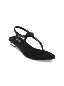 Metro Women Black Solid Synthetic T-Strap Flats