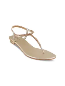 Metro Women Gold-Toned Solid Synthetic T-Strap Flats
