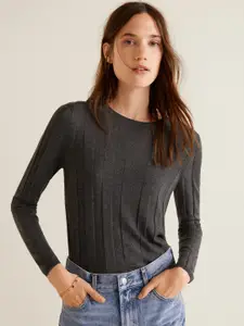 MANGO Women Charcoal Grey Self-Striped Pullover