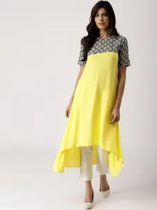 Libas Women Yellow & Grey Yoke Design A-Line Kurta