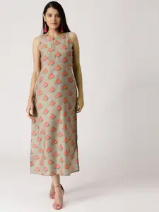 Libas Women Brown & Coral Pink Printed Midi A-Line Dress