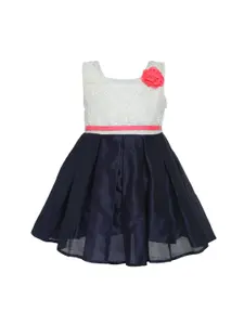 A Little Fable Girls Navy Blue & Off White Self Design Fit and Flare Dress
