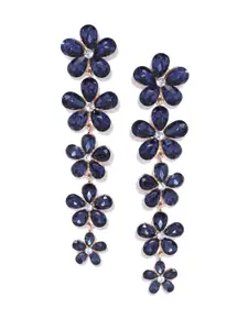 YouBella Navy Gold-Plated Stone-Studded Floral Drop Earrings