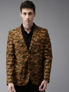 The Indian Garage Co Brown Slim Fit Camouflage-Printed Casual Blazer