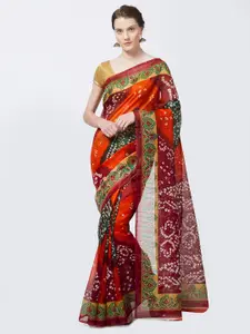 Rajesh Silk Mills Orange & Red Silk Cotton Bhagalpuri Bandhani Print Saree