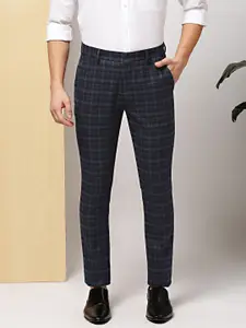 INVICTUS Men Navy Blue Slim Fit Checked Formal Trousers