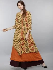 Vishudh Women Beige & Orange Printed A-Line Kurta