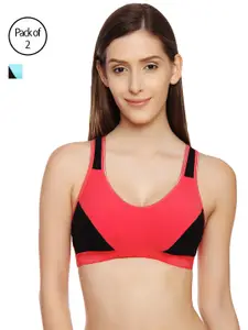 Innocence Innocence Women Pack Of 2 Coral & Turquoise Blue Solid Non-Wired Sports Bra BBAPLIN51598