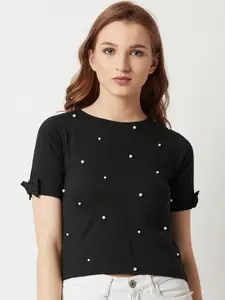 Miss Chase Women Black Embellished Pure Cotton Top